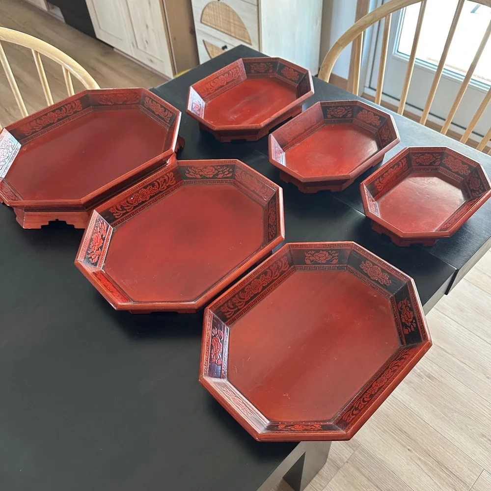 VTG Korean Red Lacquer Nesting Trays 6pc Set Octagon Carved Floral Asian Decor